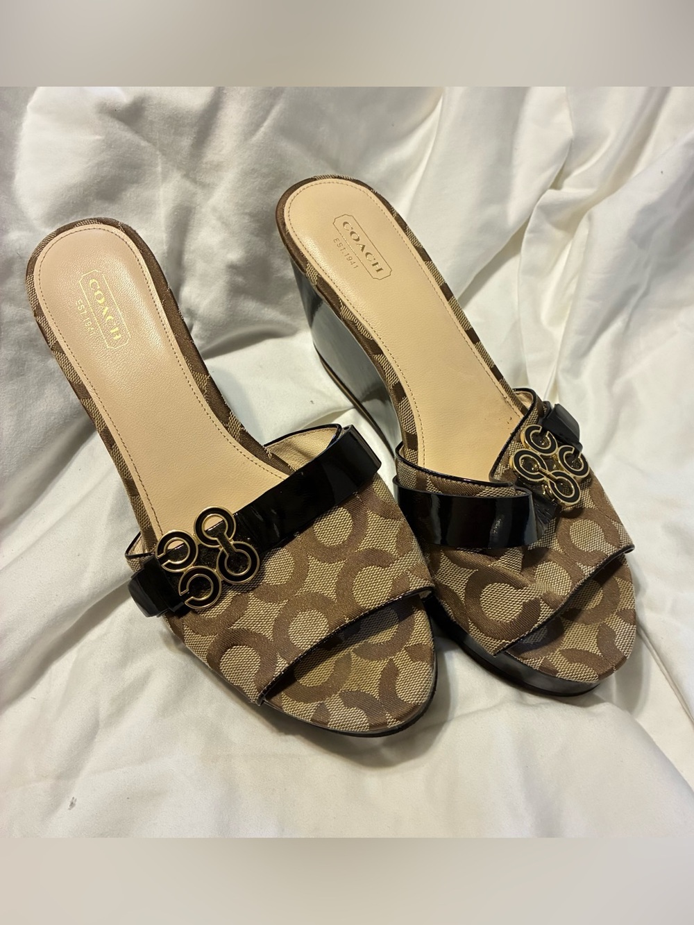 Coach Brown Signature Canvas Mules with Black Patent Accent